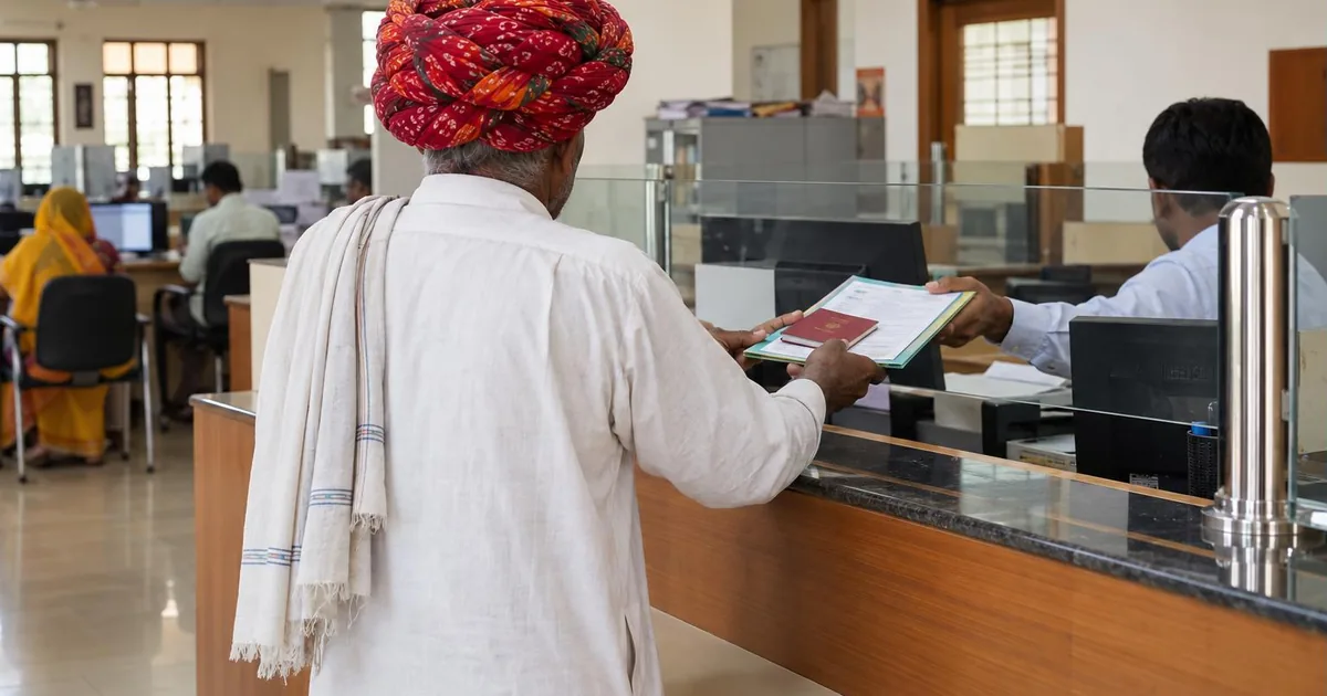 Kisan Credit Card guide - farmer handing land documents and a passbook at a rural bank counter
