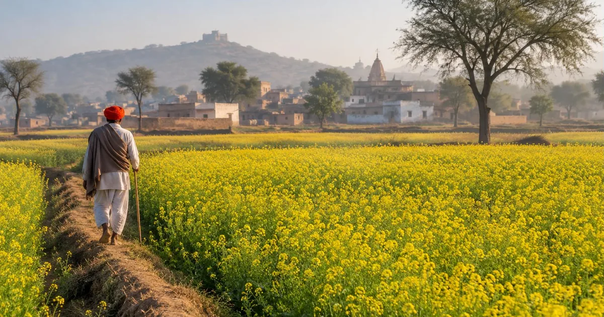 Mustard farming in Rajasthan - yellow flowering mustard field with a farmer walking along the bund