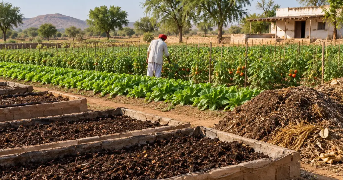 Organic certification in India - organic vegetable farm with vermicompost beds and a farmer checking plants